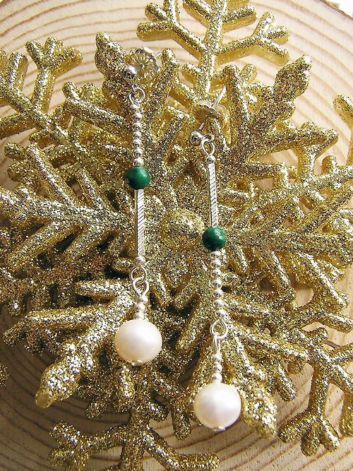 irisjjewellery 925純銀配淡水珍珠及孔雀石(Malachite)耳環 自家設計及手工製