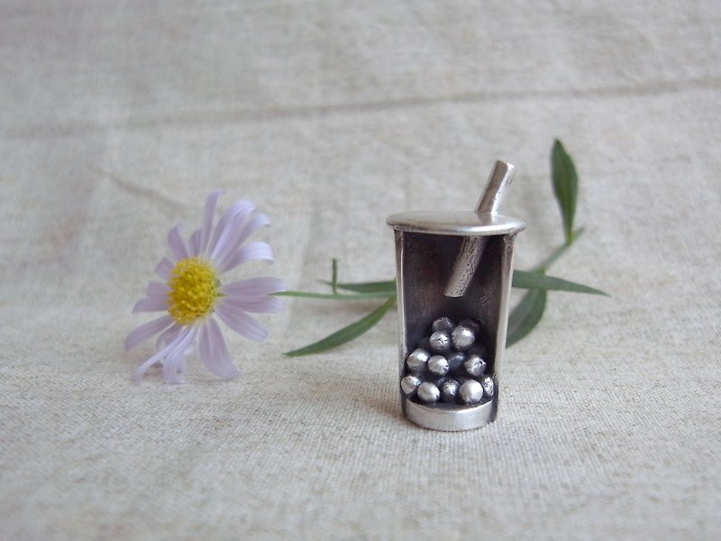 Bubble Milk Tea--Sterling Silver--Silver  Pendant necklace with Wax Rope - สร้อยคอ - เงิน สีเทา