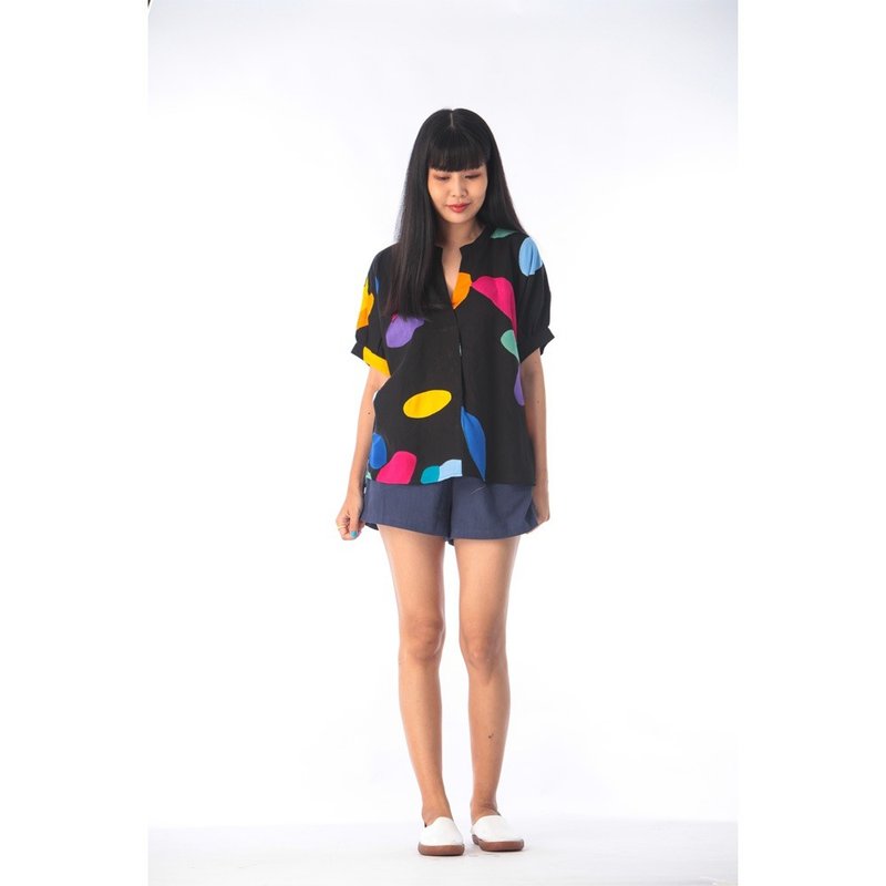 Abstract Blouse Cotton Rayon Hand Paint Free Size - 女上衣/長袖上衣 - 棉．麻 黑色