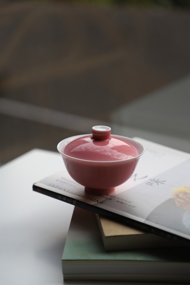 胭脂紅 二才小蓋碗 100ml 漸變吹釉 手工中式茶器 景德鎮陶瓷茶具 - 茶具/茶杯 - 瓷 粉紅色