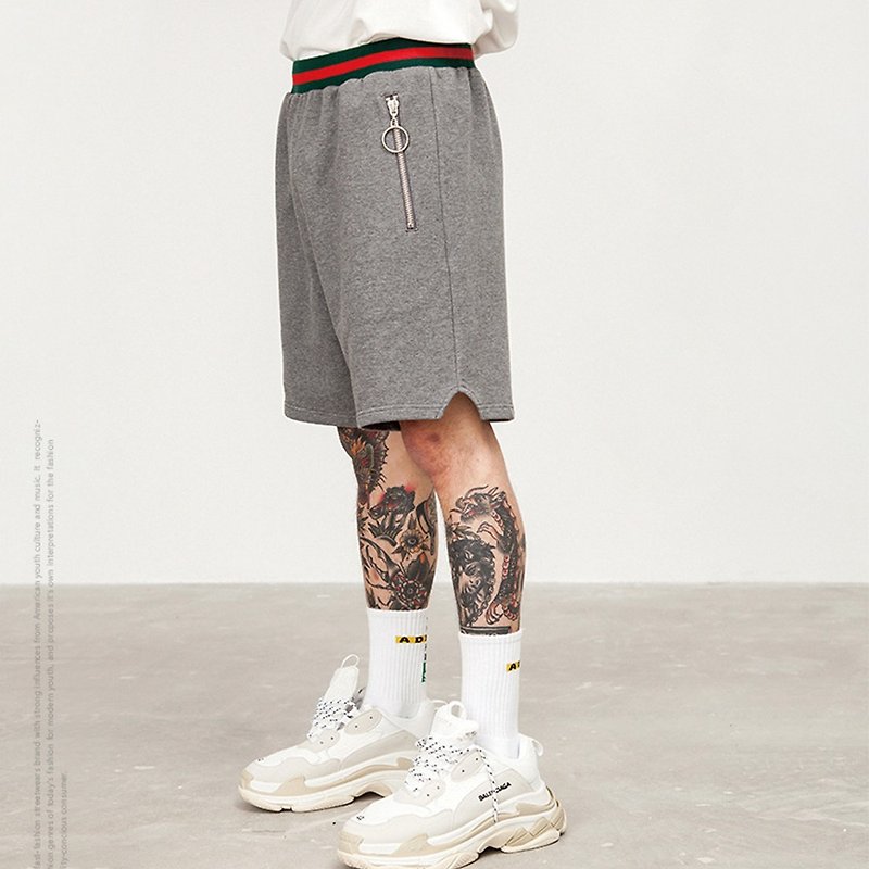 Ring zipper elastic shorts - Men's Sportswear Bottoms - Cotton & Hemp Gray