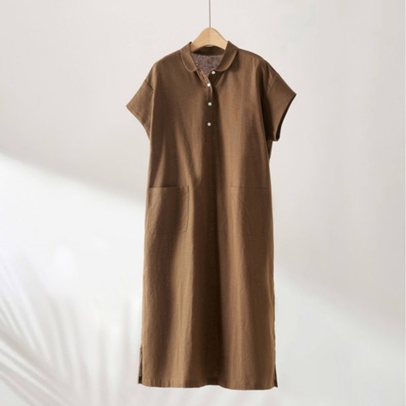 Not flashy, but a striking piece Cotton Linen dress Marueri dress Short sleeve Coffee color 210705-10 - One Piece Dresses - Cotton & Hemp 