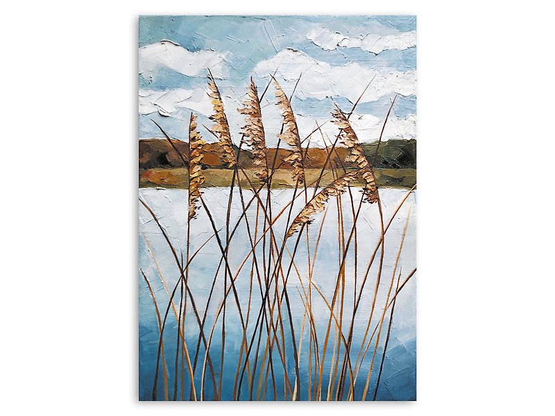 Reeds painting Floral Hand-painted Original painting Oil painting Lake wall art - Posters - Other Materials Blue