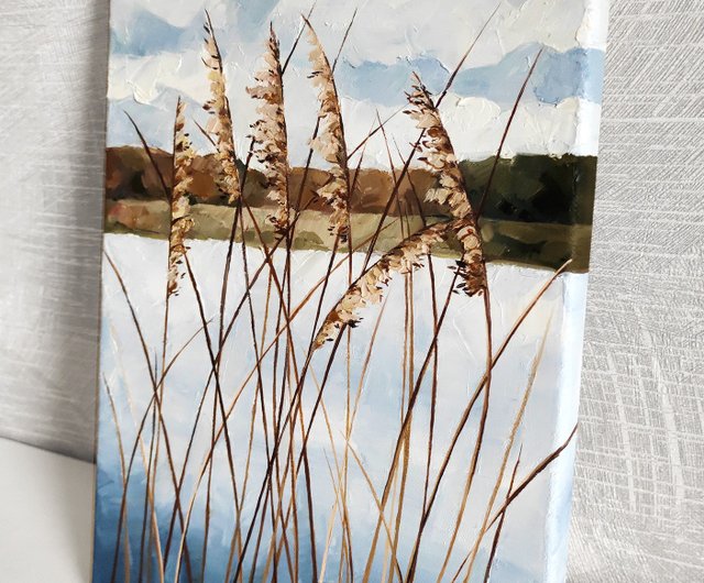 葦絵、自然画、手描き、原画油絵、湖のある風景 - ショップ