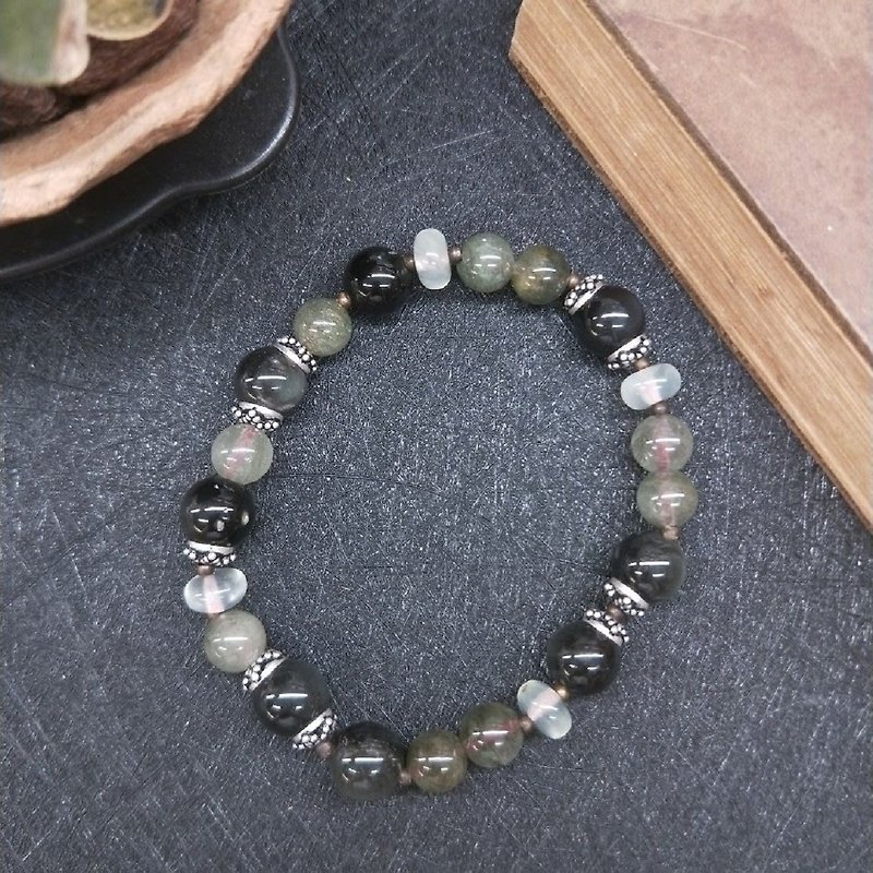 Bracelet. Green hair crystal*grape jade*obsidian * pure silver septum neutral wild bracelet - สร้อยข้อมือ - เครื่องเพชรพลอย สีเขียว