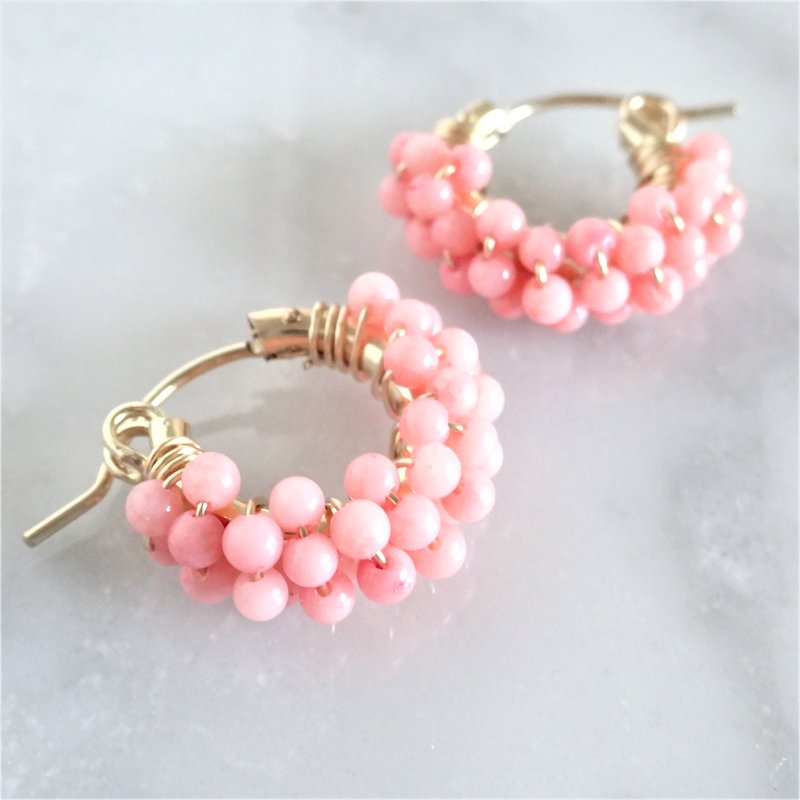 14kgf*Pink Coral pavé pierced earring / earring - Earrings & Clip-ons - Gemstone Pink