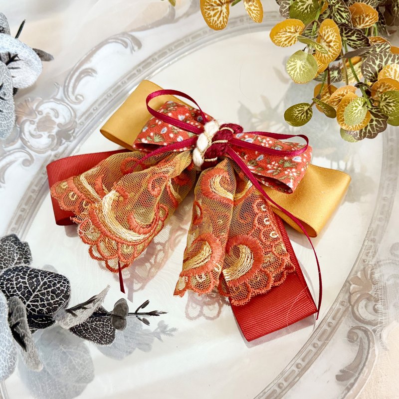 多層蕾絲蝴蝶結髮夾 馬尾夾 髮圈 抓夾 彈夾 自動夾 鯊魚夾 邊夾 - 髮夾/鯊魚夾 - 其他材質 橘色