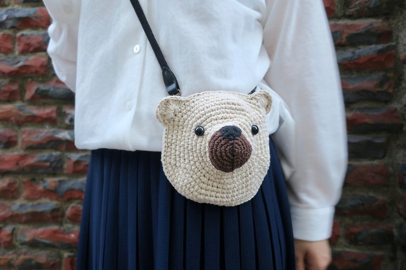A mother's hand-made bag / bear bag / side backpack / parent-child bag / outing - Messenger Bags & Sling Bags - Cotton & Hemp White