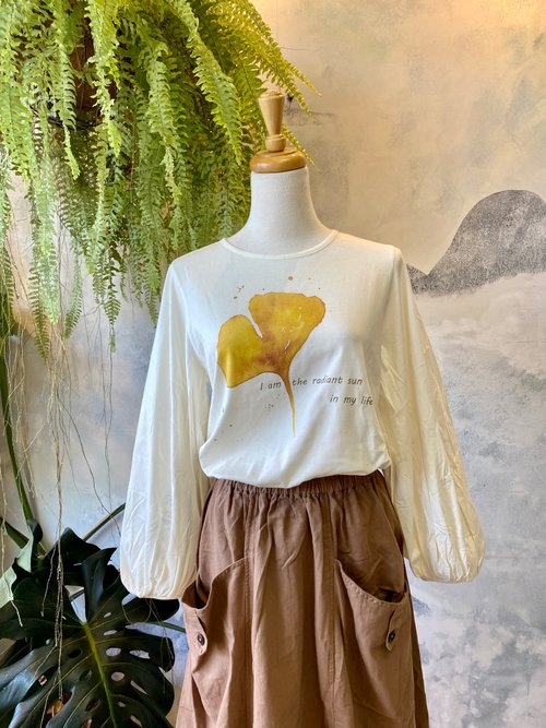 Friendly Cotton 無染棉 銀杏 水彩畫風 100%有機純棉圓領後綁帶上衣 薄長袖 上衣