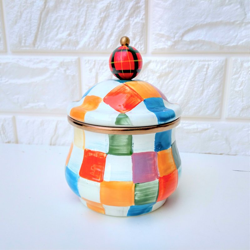 Painted enamel color plaid painted pot - กล่องเก็บของ - วัตถุเคลือบ หลากหลายสี
