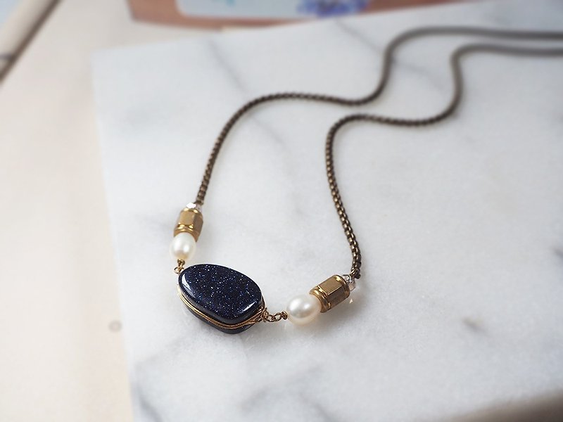 Blue Stone Stone Semi- Gemstone Natural Pearl Bronze Bead Glass Bead Bronze Necklace B13 - Necklaces - Semi-Precious Stones Blue