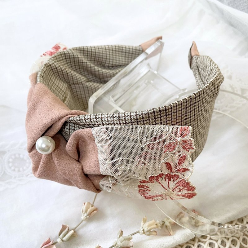 蝴蝶結髮箍/ 刺繡蕾絲格紋拼接珍珠頭箍 髮帶式髮窟髮飾 髮哭頭飾 - 髮夾/髮圈 - 其他材質 粉紅色