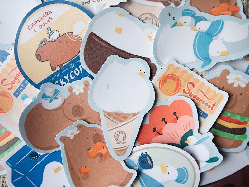 Waterproof big sticker soft glue sticker Capybara store manager and ducks 【SKYCOFFEE】 - สติกเกอร์ - วัสดุกันนำ้ 