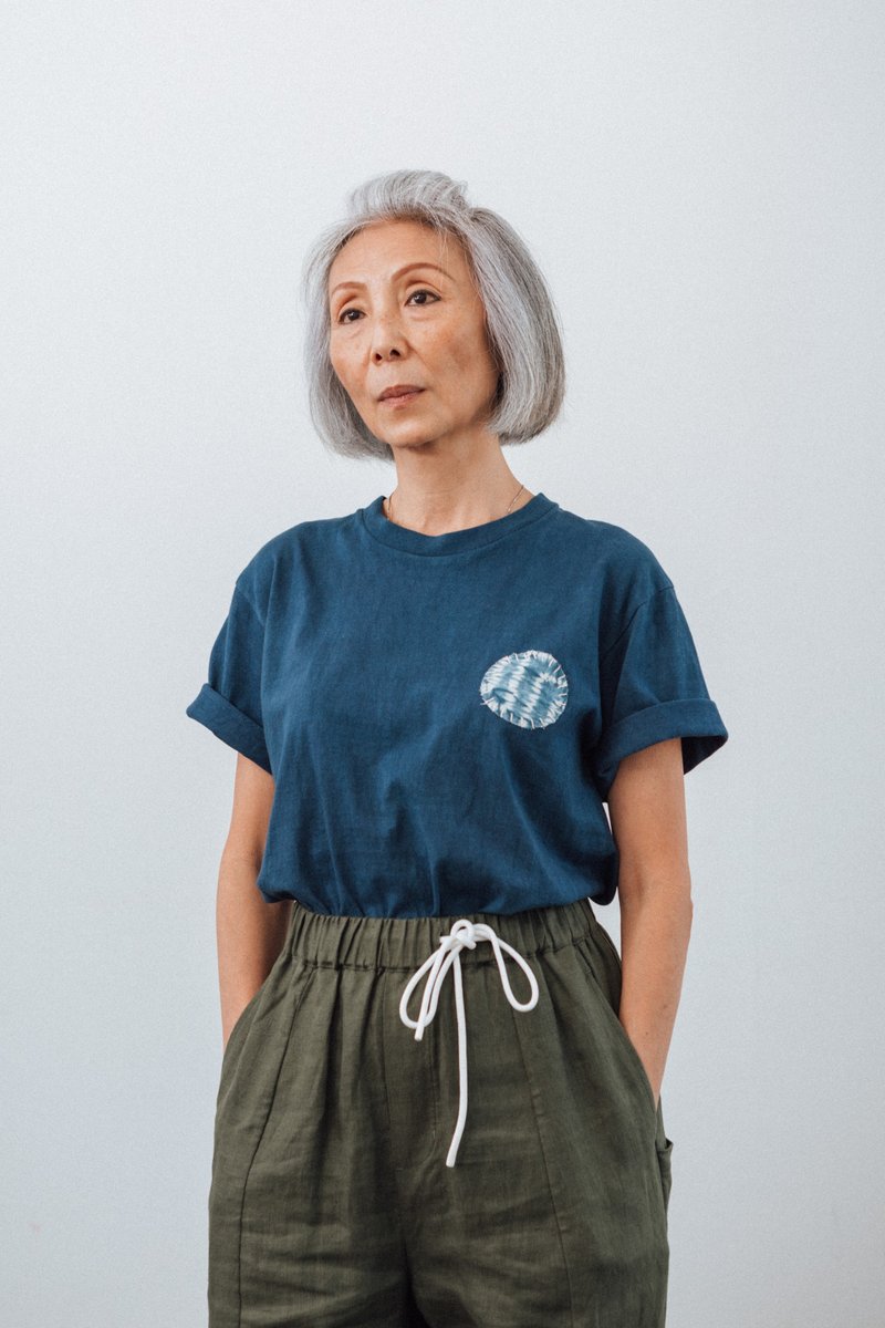 Moon Indigo Tee - 男 T 恤 - 棉．麻 藍色