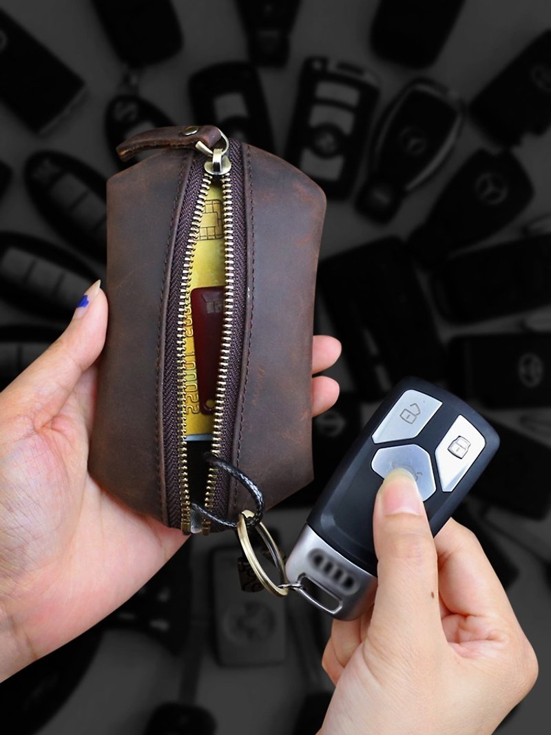 Small Genuine Leather Key Holder Bag With Zipper Portable Storage Keys Case - ที่ห้อยกุญแจ - หนังแท้ สีนำ้ตาล