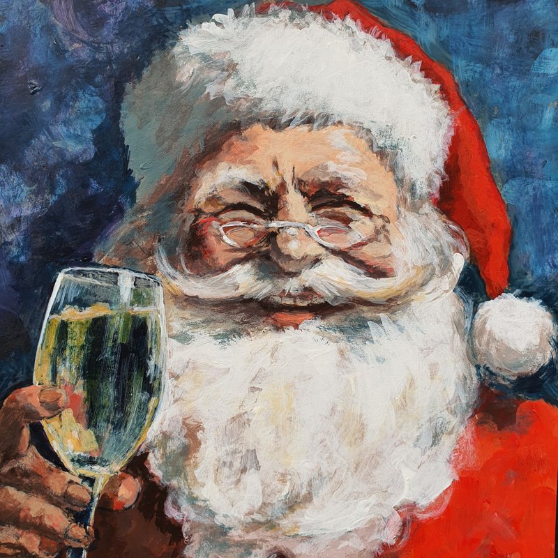 Santa Painting Christmas Original Art Holiday Cheers Wall Art Glass Celebration - 海報/掛畫/掛布 - 其他材質 紅色