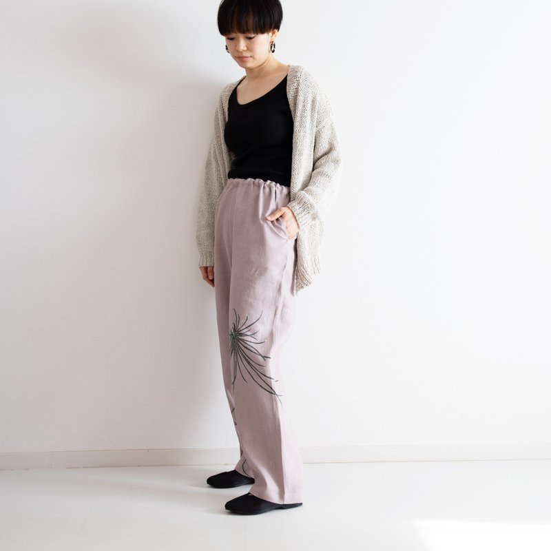 リネンテーパードパンツ　墨乱菊 - 女長褲 - 棉．麻 粉紅色
