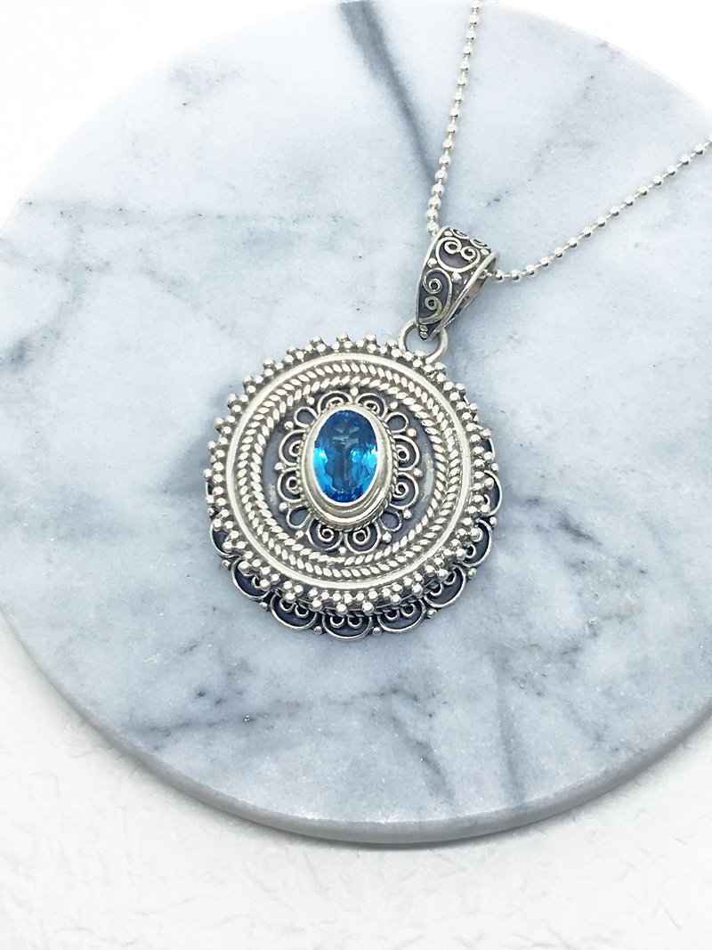 Blue Topaz 925 Silver Gala Box Necklace Nepal Handmade Mosaic - Necklaces - Gemstone Blue