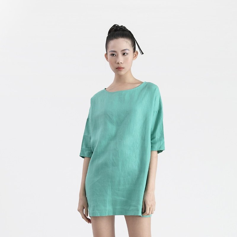 【In Stock】Half sleeves linen long Shirt(Green) - เสื้อผู้หญิง - ผ้าฝ้าย/ผ้าลินิน สีเขียว