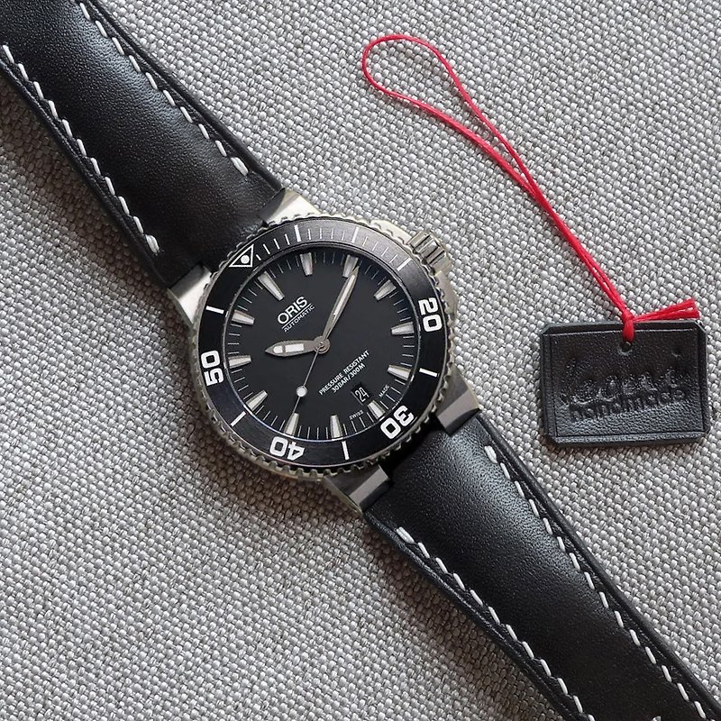 Black Watch Strap for ORIS Aquis, genuine leather watchband - สายนาฬิกา - หนังแท้ สีดำ
