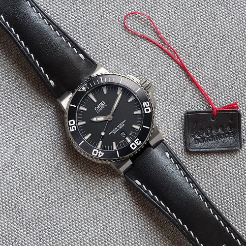 Leoni handmade Black Watch Strap for ORIS Aquis, genuine leather watchband
