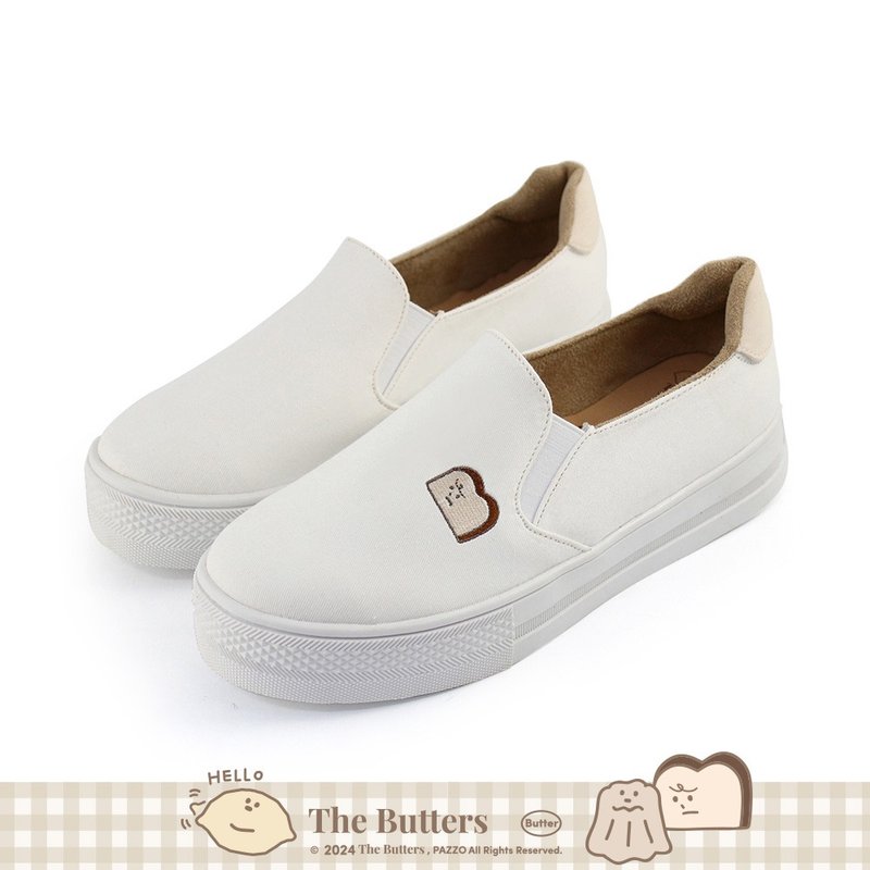 PaidalxThe Butters cream family Corulu and Mr. Toast electric embroidered thick-soled loafers-white - รองเท้าลำลองผู้หญิง - ผ้าฝ้าย/ผ้าลินิน ขาว