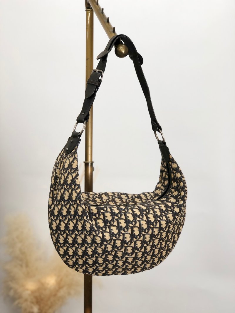 【 日本直送　名牌中古包 】Christian Dior トロッター ショルダーバッグ ネイビー ジャガード ホーボーバッグ vintage emrsvh - 側背包/斜背包 - 棉．麻 藍色
