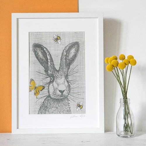 SÜSS Living生活良品 英國Gillian Kyle蘇格蘭手繪野兔與蜜蜂蝴蝶圖騰壁掛相框(白)