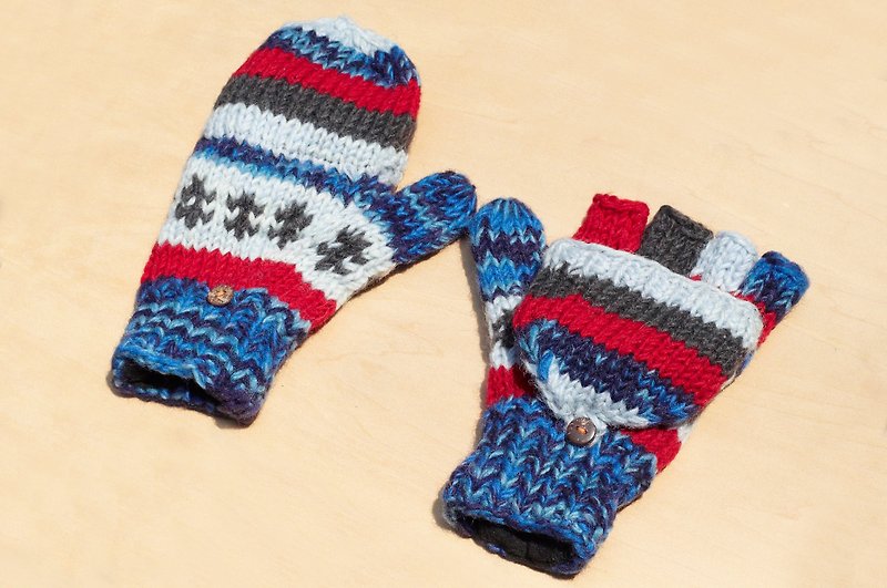 聖誕禮物 創意禮物 限量一件手織純羊毛針織手套 / 可拆卸手套 / 保暖手套(made in nepal) - 藍天與樹林段染漸層 - 手套 - 羊毛 多色