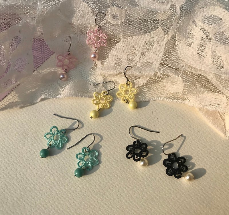 tatted 6-petal flower earrings (multi-color) / Swarovski / clip-on / gift - Earrings & Clip-ons - Cotton & Hemp Multicolor