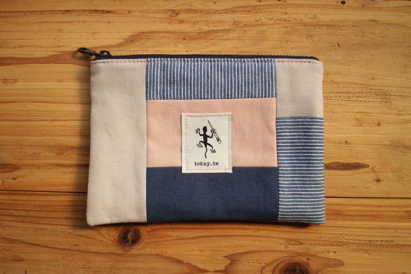 Medium patchwork universal zipper bag/blue stripe - Toiletry Bags & Pouches - Cotton & Hemp Blue