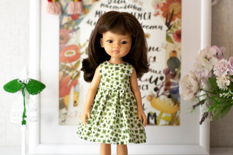 Shamrock dress for 13 inch dolls Paola Reina, Siblies RRFF for St Patrick's Day - ของเล่นเด็ก - ผ้าฝ้าย/ผ้าลินิน สีเขียว