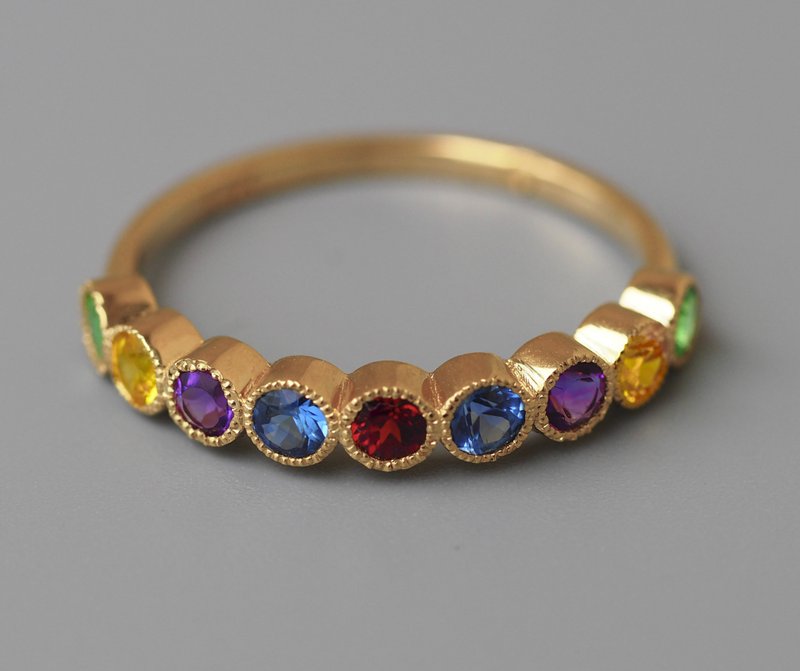 Semi Eternity ring with natural gemstones - 戒指 - 貴金屬 金色