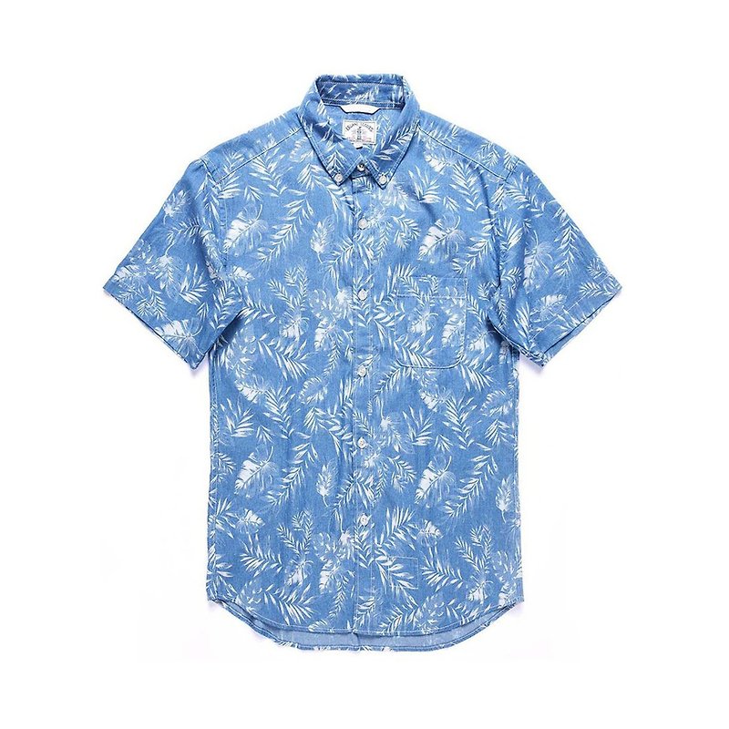 Leaf Discharge Print Denim Short Sleeve Shirt / Light Blue - เสื้อเชิ้ตผู้ชาย - ผ้าฝ้าย/ผ้าลินิน สีน้ำเงิน