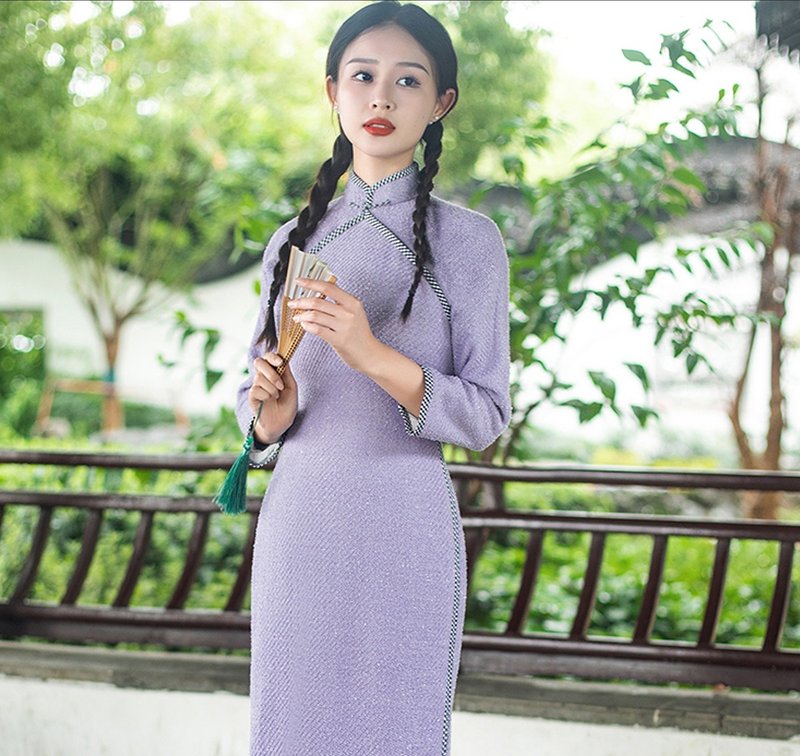 Retro style of the Republic of China, traditional flat-cut, Chanel-style slim-fitting cheongsam - Qipao - Other Materials Purple