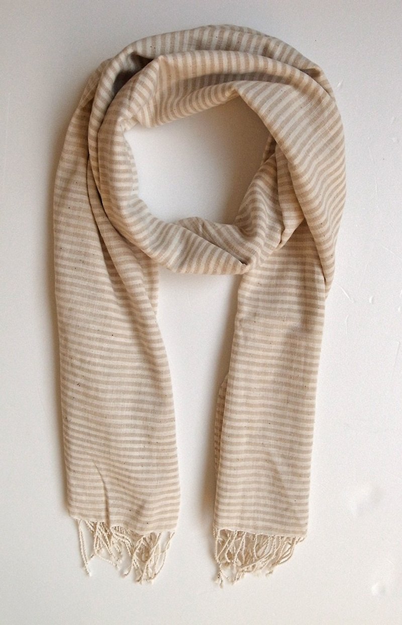 Fair Trade Organic Cotton, Hand woven, Natual Dye Shawl Scarf Stripe Beige - Knit Scarves & Wraps - Cotton & Hemp Khaki