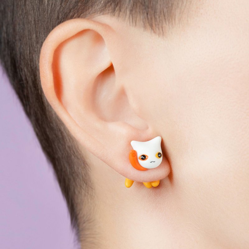 Candy Corn Cat Earrings - Cute Jewelry for Cat Lovers - Handmade Art - ต่างหู - วัสดุอื่นๆ สีส้ม