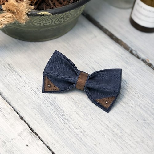 LissBowTies Navy Blue Bow Tie For Him - Present For Fiance - Leather Bow Tie For Groom