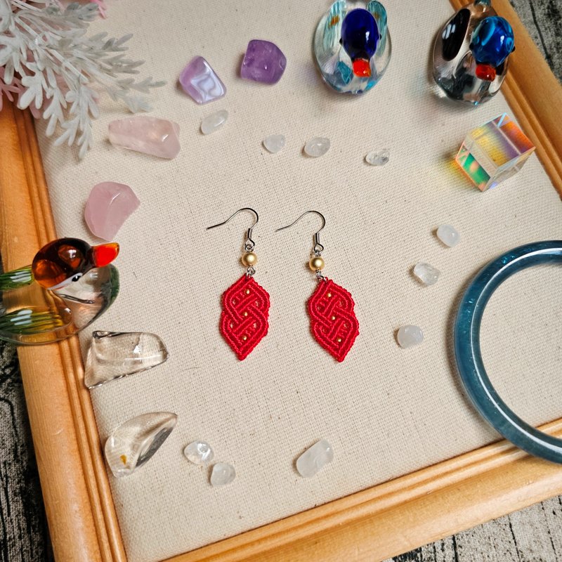 E056-Hand-woven red double money earrings - ต่างหู - ไนลอน สีแดง