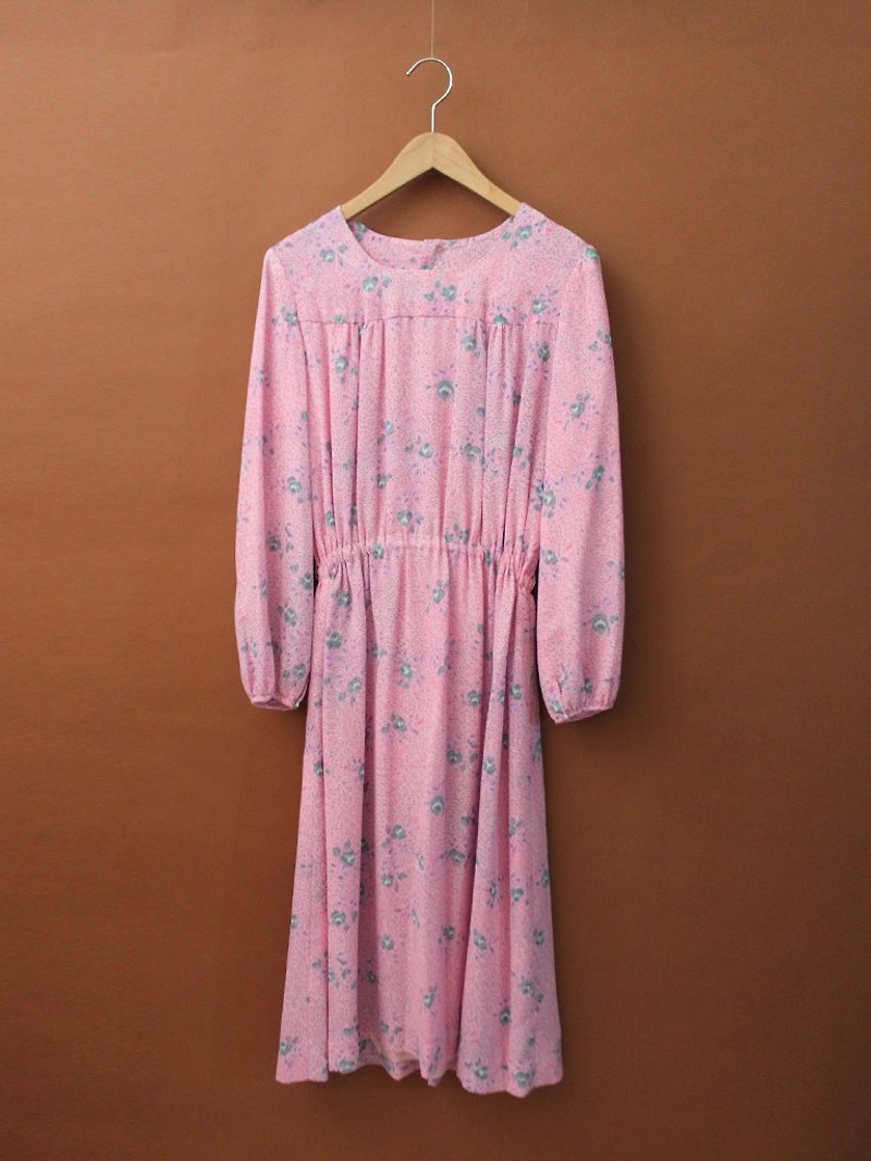 復古秋冬甜美小碎花系寬鬆粉紅色長袖古著洋裝 Vintage Dress - 連身裙 - 聚酯纖維 粉紅色
