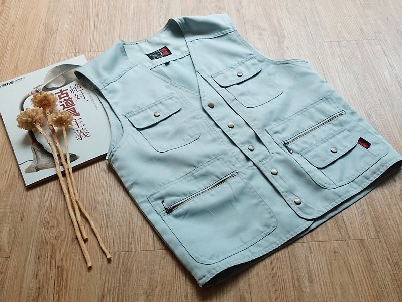 Vintage / vest no.37 - เสื้อกั๊กผู้หญิง - เส้นใยสังเคราะห์ สีน้ำเงิน