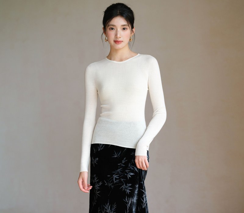 【100綿羊毛】新中式復古中國風 簡約修身/針織上衣 - 女上衣/長袖上衣 - 其他材質 白色
