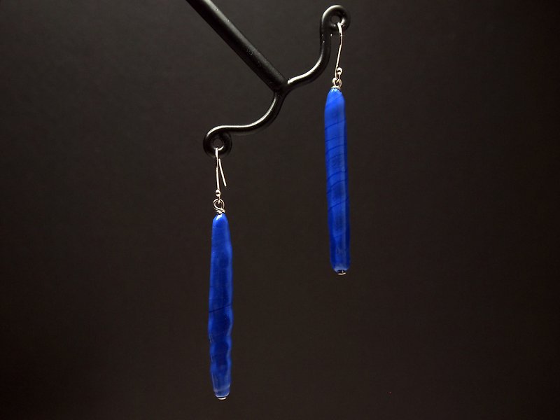 穆拉諾手工琉璃珠耳環 #GE0427 長條藍珠 - 耳環/耳夾 - 玻璃 藍色
