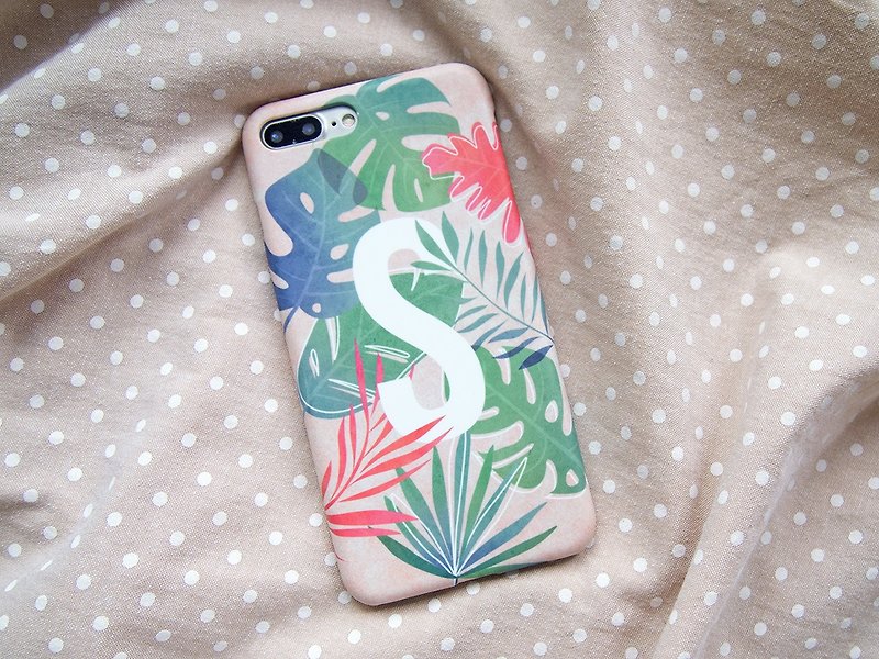 Tropical Leaves alphabet/initial (Beige) iPhone case 手機殼 เคสมือถือใบไม้ - Phone Cases - Plastic Green