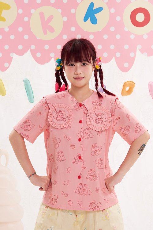 暖和光NIKKOU 動物天使小兔領子粉色襯衫 可愛少女日系百搭寬松