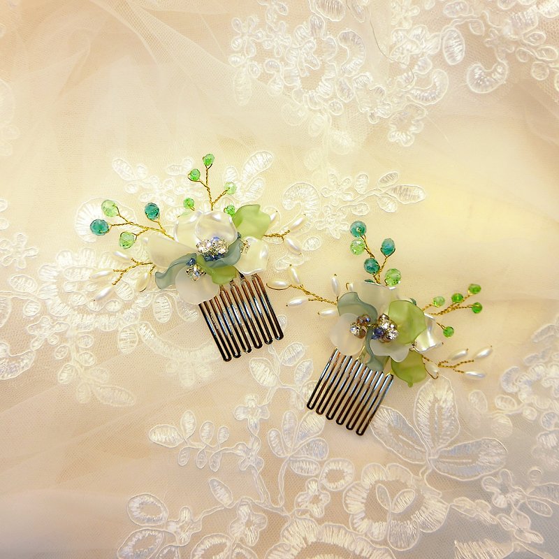 戴上幸福的飾 嬌若春花系列-新娘髮梳.法國梳.自助婚禮-組合綠 - 髮飾 - 其他金屬 綠色