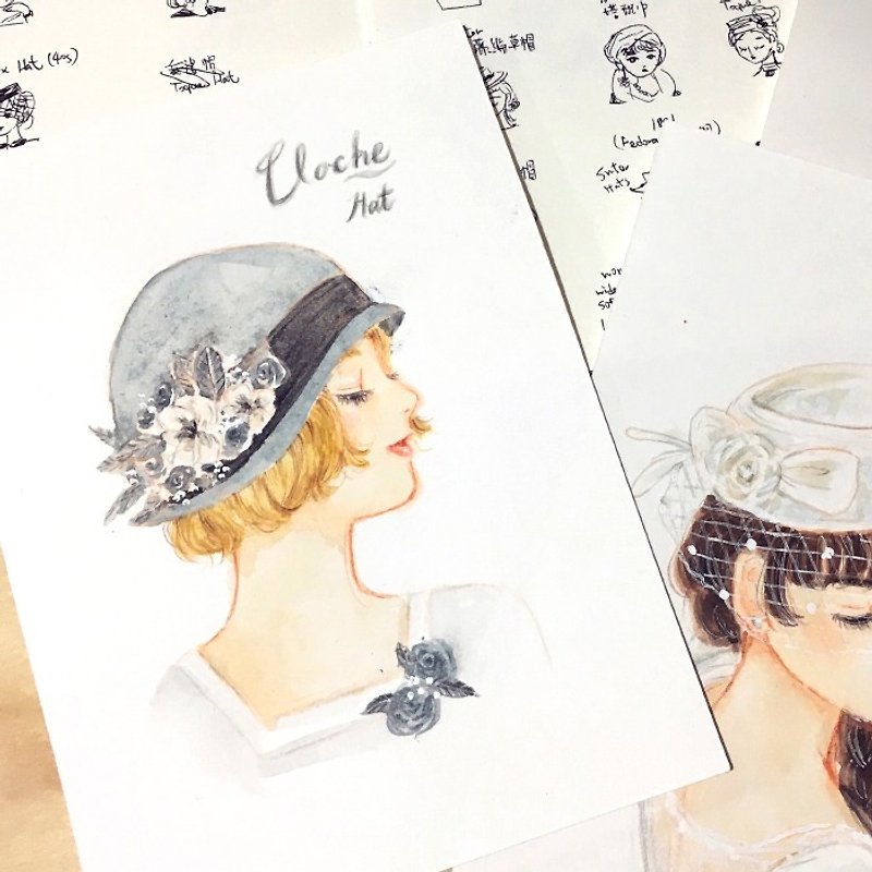 クローシェの女性の釣鐘型の帽子/オリジナルの絵の原稿 - ポスター・絵 - 紙 ホワイト