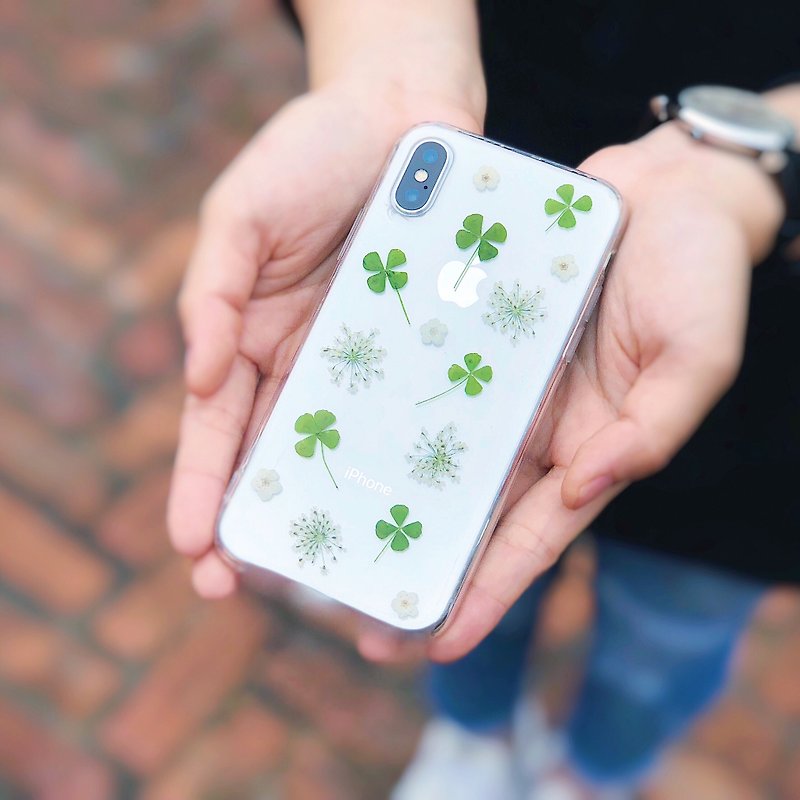 Four-leaf clover Pressed Flower Phone Case /  iPhone6/6s/6/6splus,7/7/8plus/X - Phone Cases - Other Materials Green