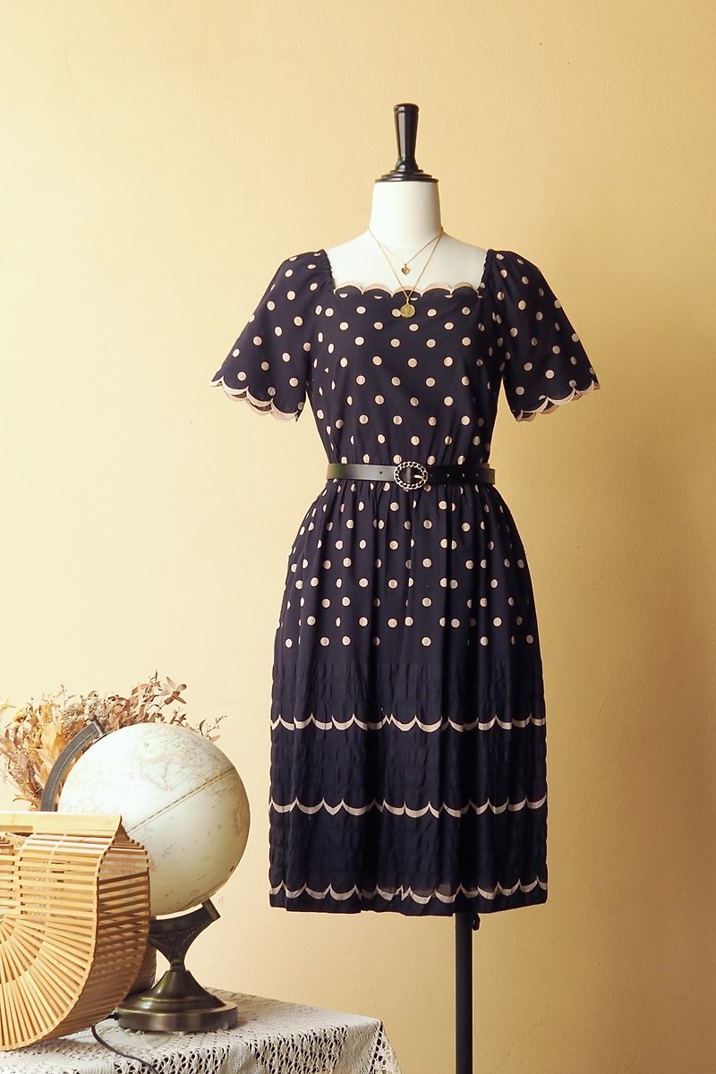 Vintage dress Size L Polka dot on black japanese cotton with scallop detail - One Piece Dresses - Cotton & Hemp Black