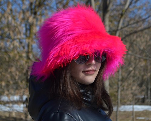 ALLApparelArt Faux fur bucket hat. Neon pink hat. Fuchsia fluffy hat. Bright shaggy hat.